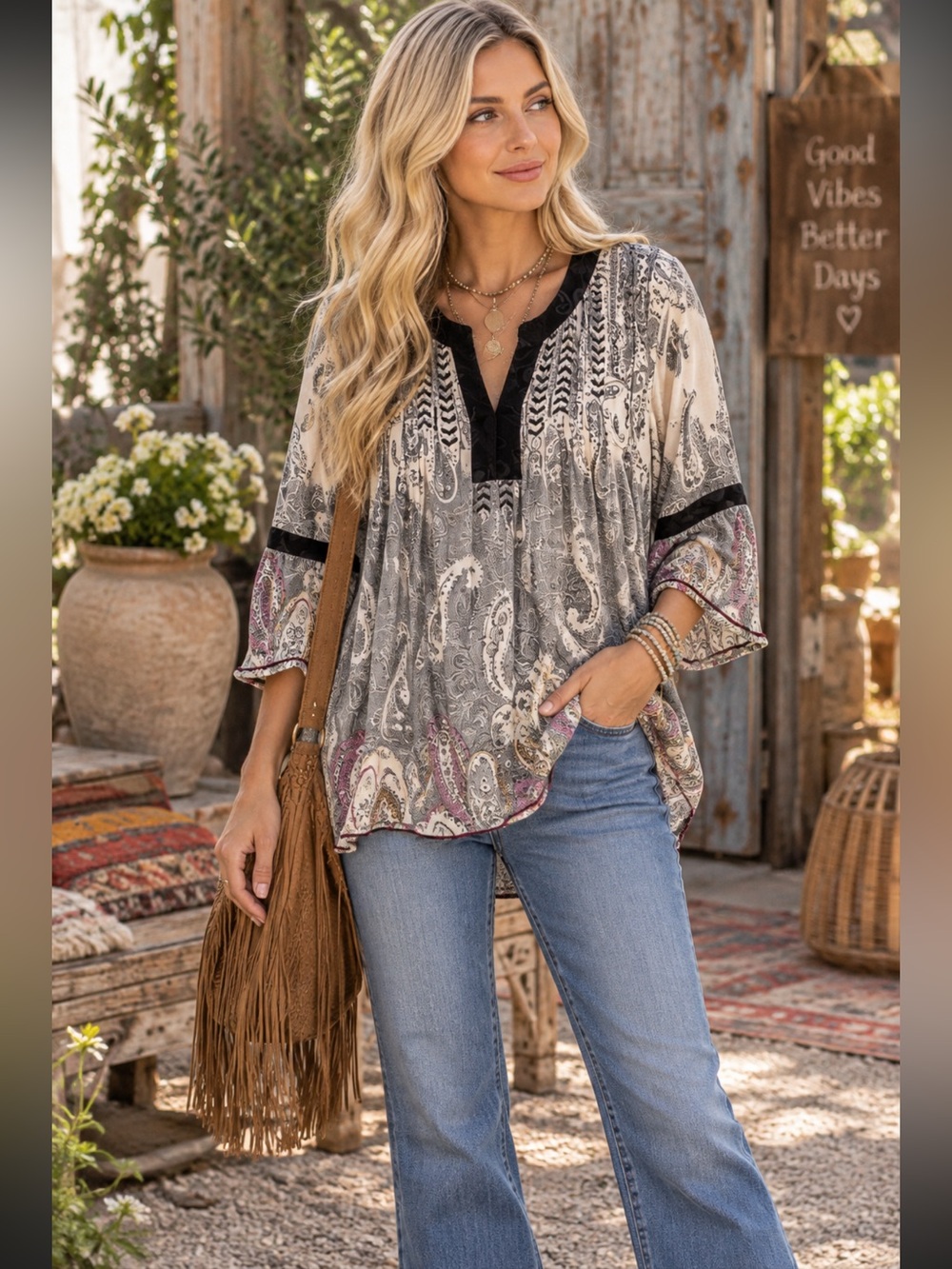 JOHN MARK BOHO paisley velvet detail blouse size S